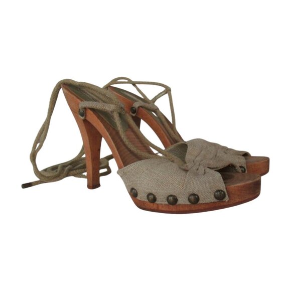 Stella McCartney Tan Wooden Platform Y2K High Heel Ankle Straps Lace Up Sandals - Picture 5 of 6